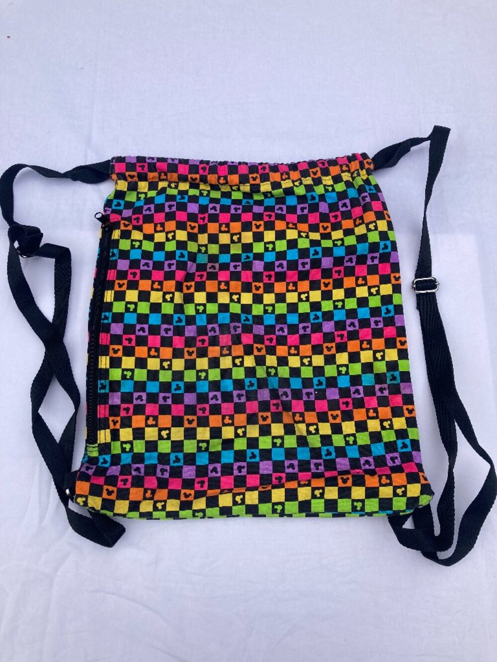 Disney Parks Rainbow Pride Checkered Canvas Cinch Bag Side Zip Pocket LGBTQ